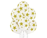 Balloons Belbal 12", D11, gold stars white balloon, 6pcs