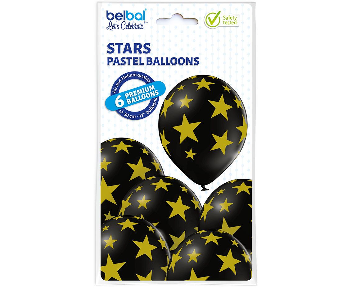 Balloons Belbal 12", D11, gold stars black balloon, 6pcs EOL