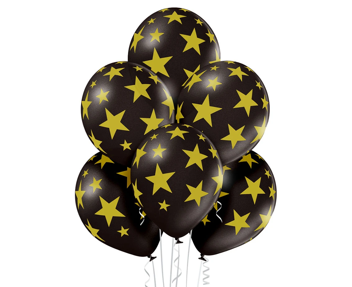 Balloons Belbal 12", D11, gold stars black balloon, 6pcs EOL