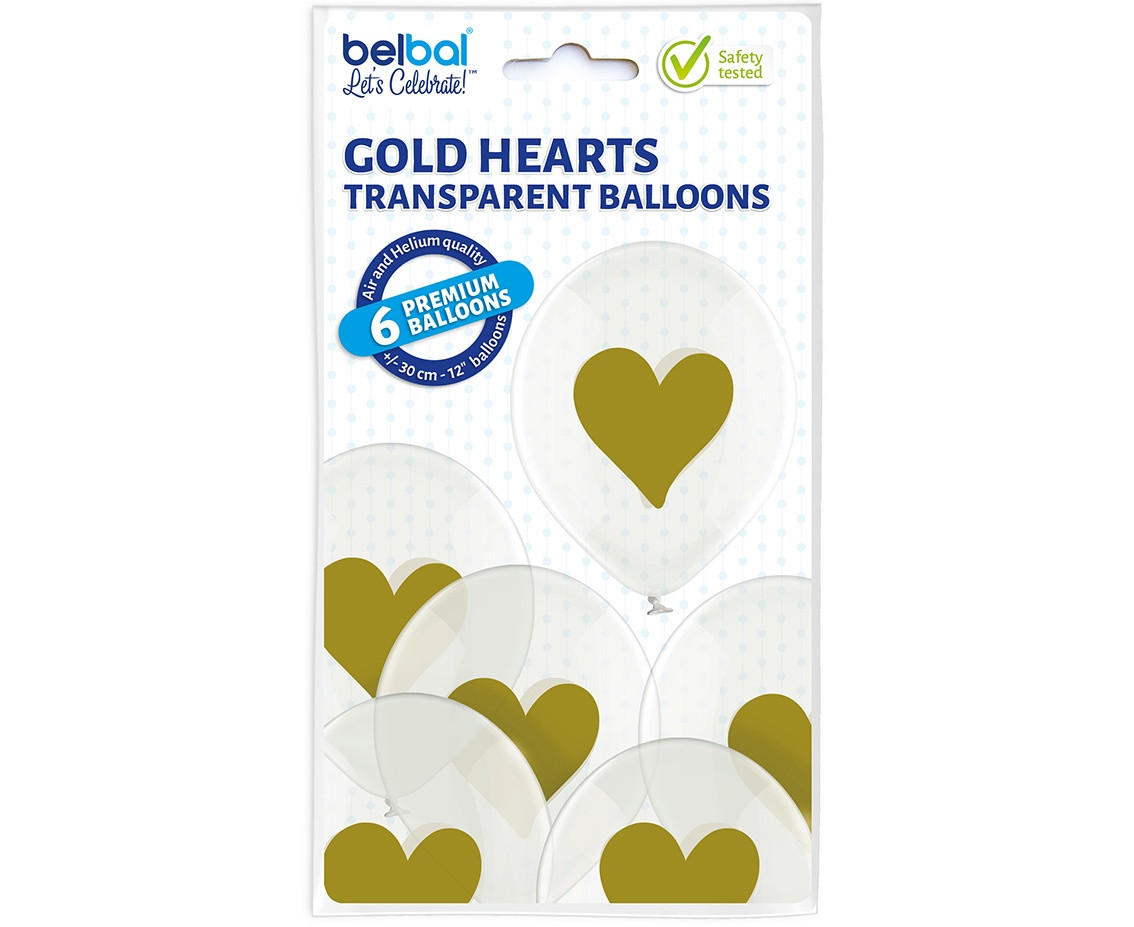Balloons Belbal 12", D11, gold hearts, 30 cm, 6pcs