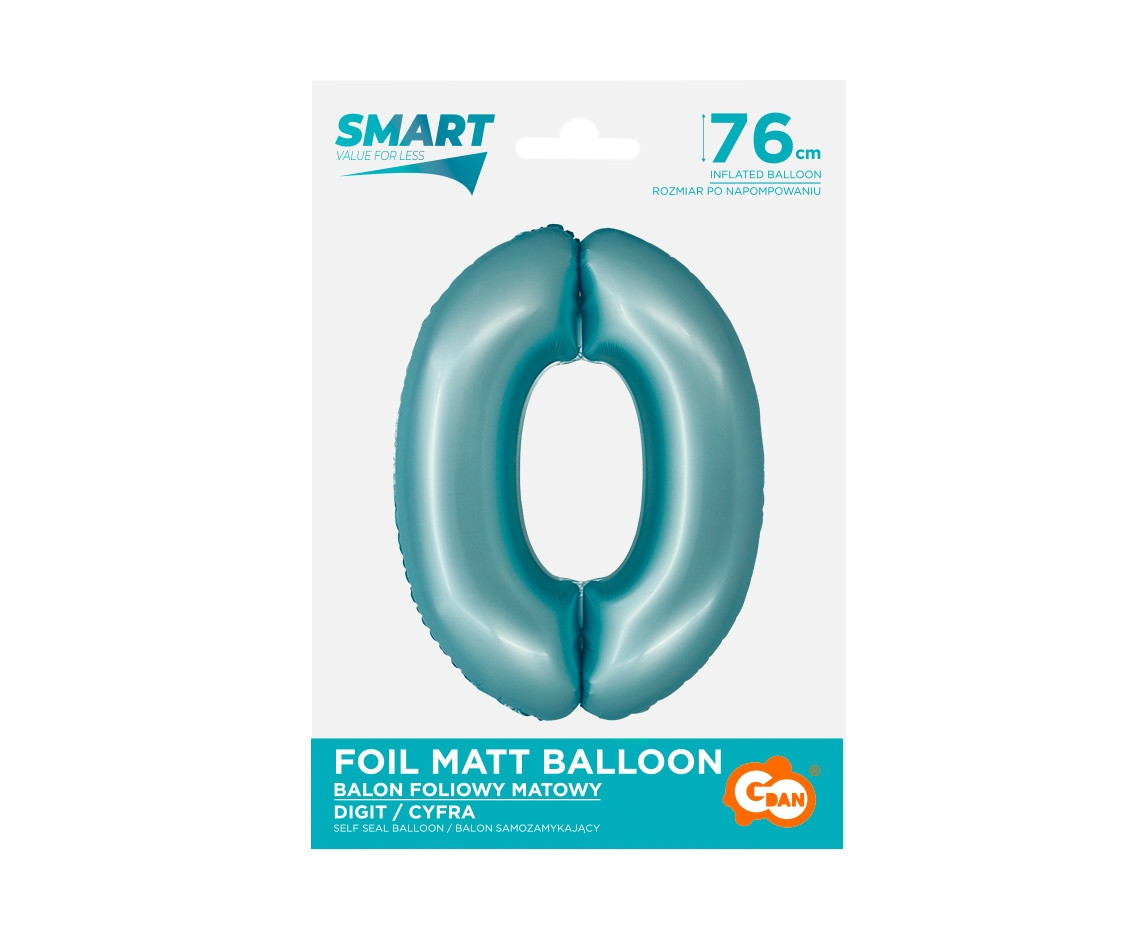 Foil balloon Smart, digit 0, mat light blue, 76 cm EOL