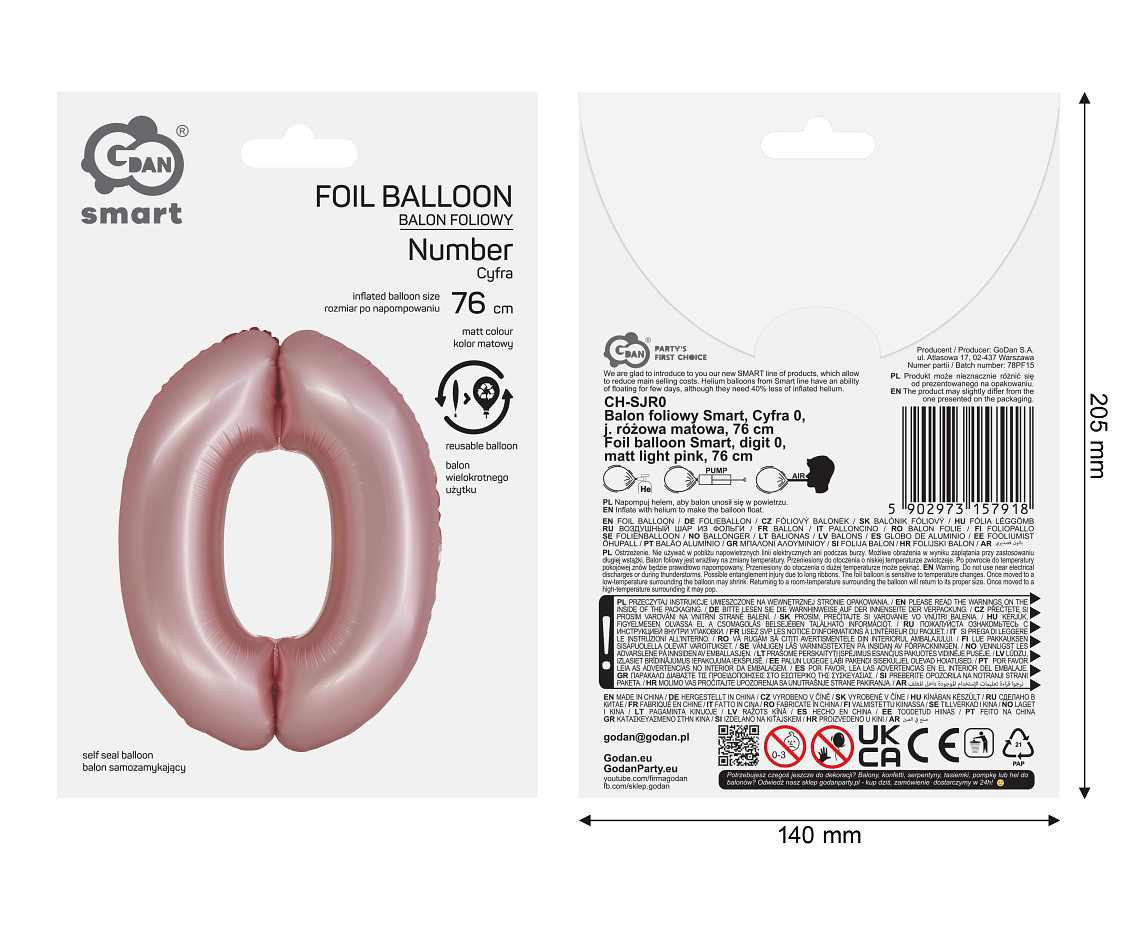 Foil balloon Smart, digit 0, mat light pink, 76 cm