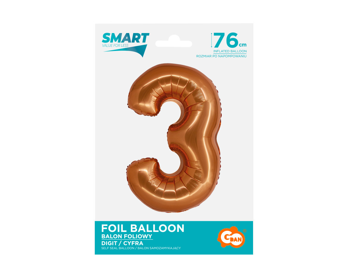 Foil balloon Smart, digit 3, copper, 76 cm EOL