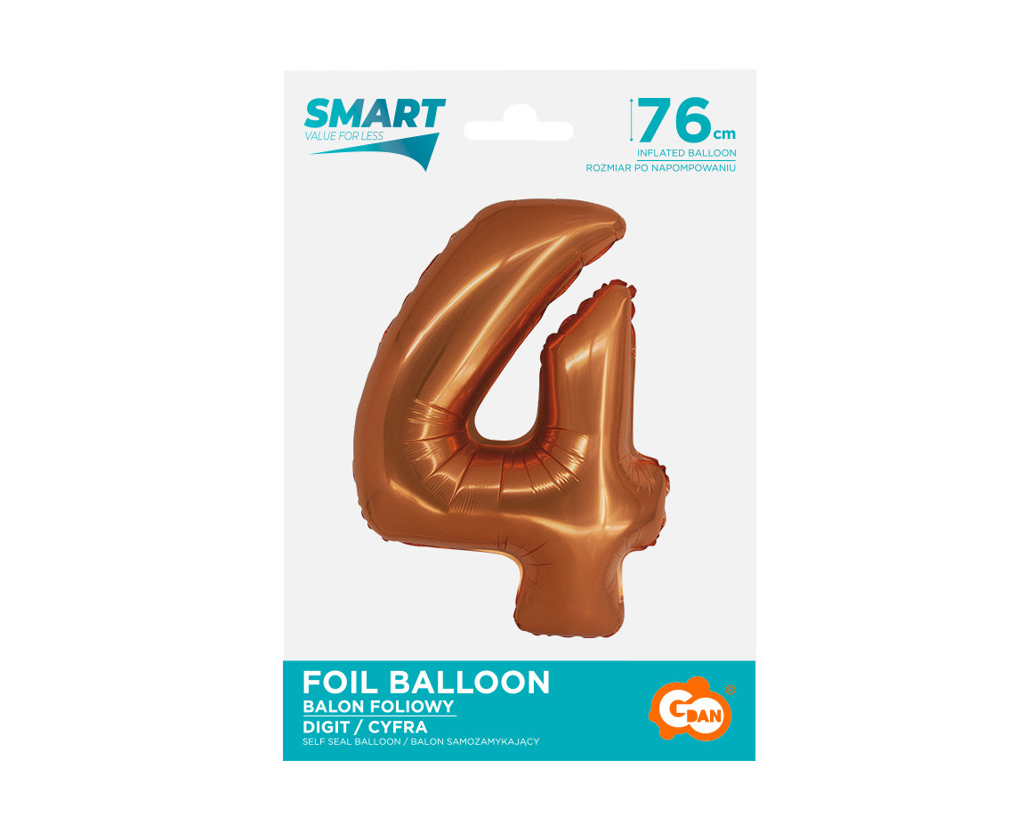 Foil balloon Smart, digit 4, copper, 76 cm EOL
