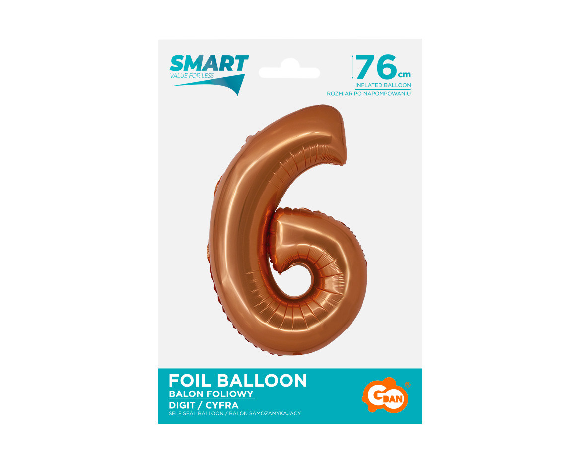 Foil balloon Smart, digit 6, copper, 76 cm EOL