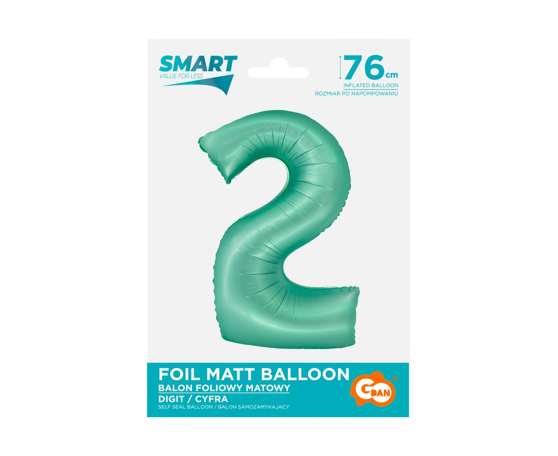 Foil balloon Smart, digit 2, mat mint, 76 cm EOL
