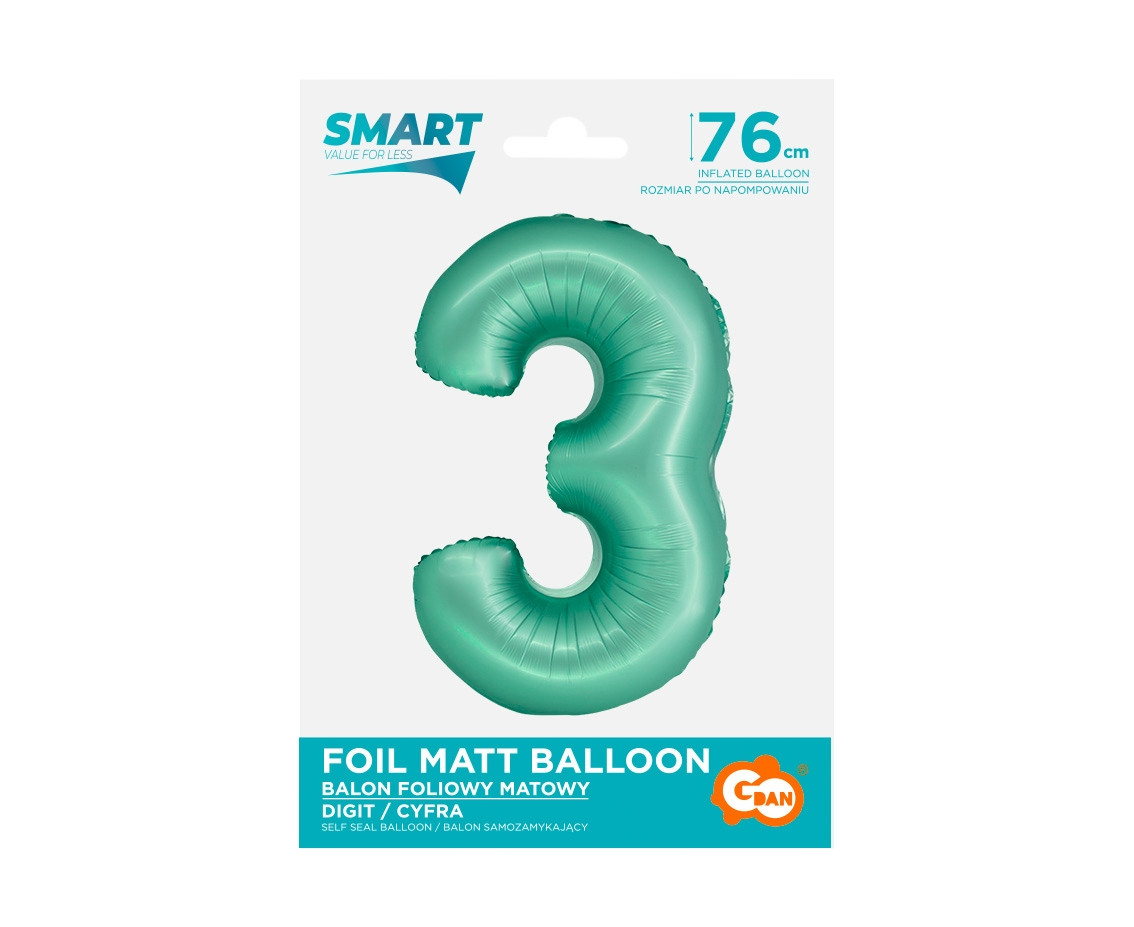 Foil balloon Smart, digit 3, mat mint, 76 cm EOL