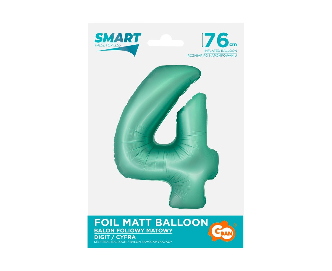 Foil balloon Smart, digit 4, mat mint, 76 cm EOL