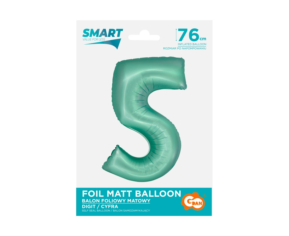 Foil balloon Smart, digit 5, mat mint, 76 cm EOL