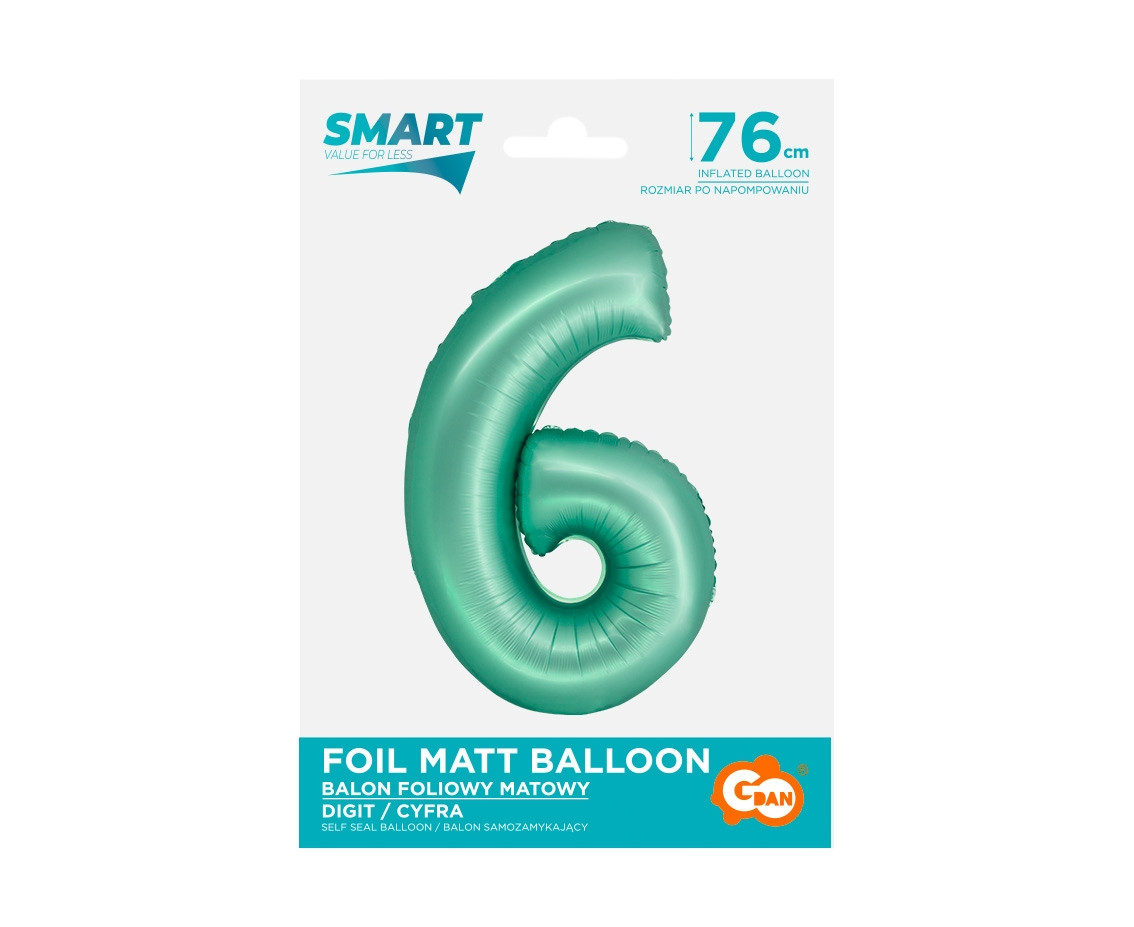 Foil balloon Smart, digit 6, mat mint, 76 cm EOL