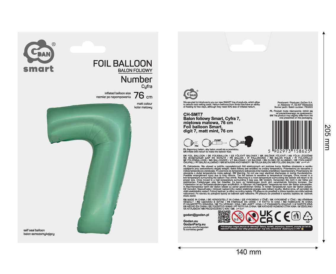 Foil balloon Smart, digit 7, mat mint, 76 cm EOL