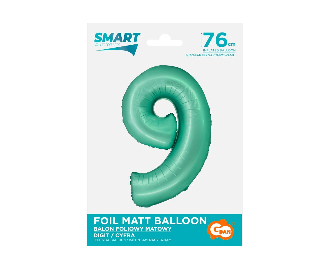 Foil balloon Smart, digit 9, mat mint, 76 cm EOL