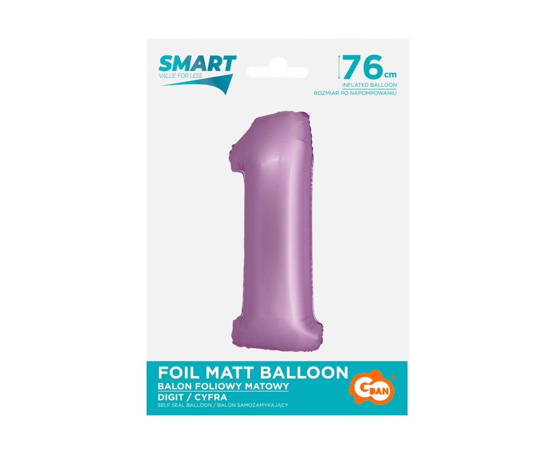 Foil balloon Smart, digit 1, mat lavender, 76 cm EOL