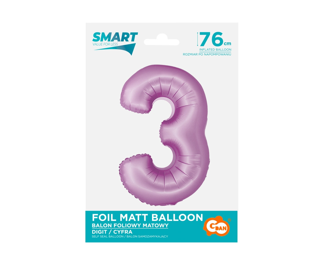 Foil balloon Smart, digit 3, mat lavender, 76 cm EOL