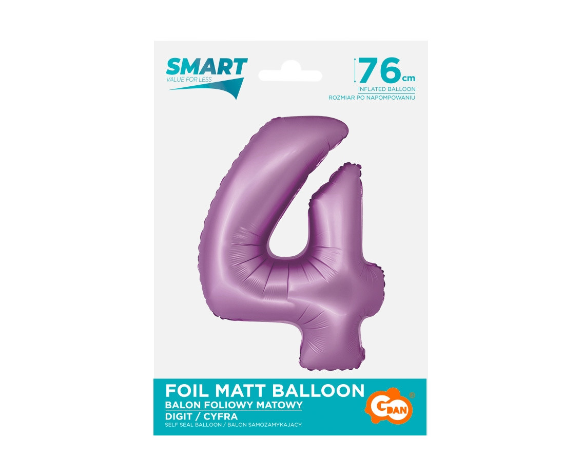 Foil balloon Smart, digit 4, mat lavender, 76 cm EOL