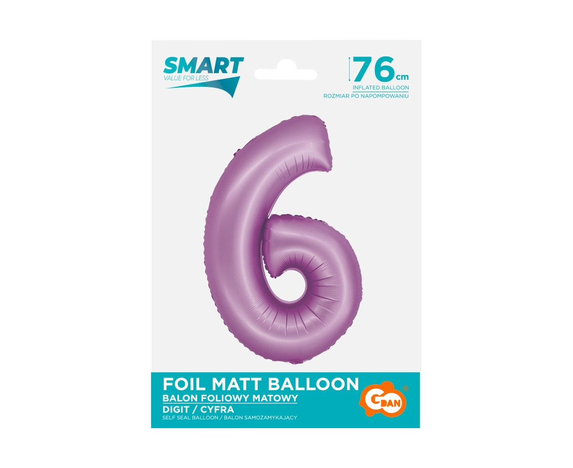 Foil balloon Smart, digit 6, mat lavender, 76 cm EOL