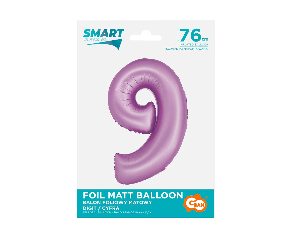Foil balloon Smart, digit 9, mat lavender, 76 cm EOL