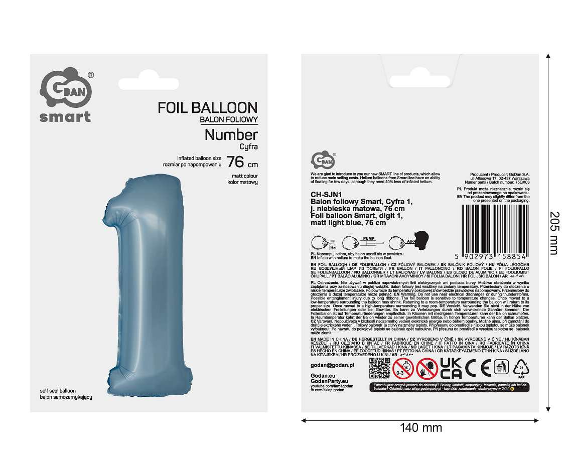 Foil balloon Smart, digit 1, mat light blue, 76 cm EOL