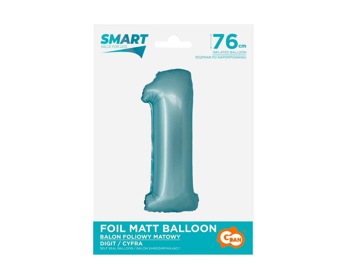 Foil balloon Smart, digit 1, mat light blue, 76 cm EOL