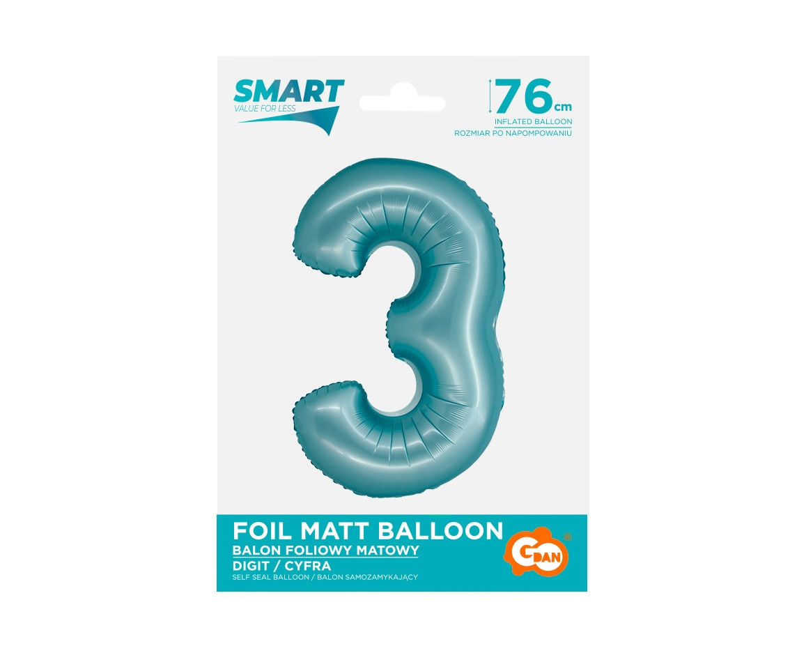 Foil balloon Smart, digit 3, mat light blue, 76 cm EOL
