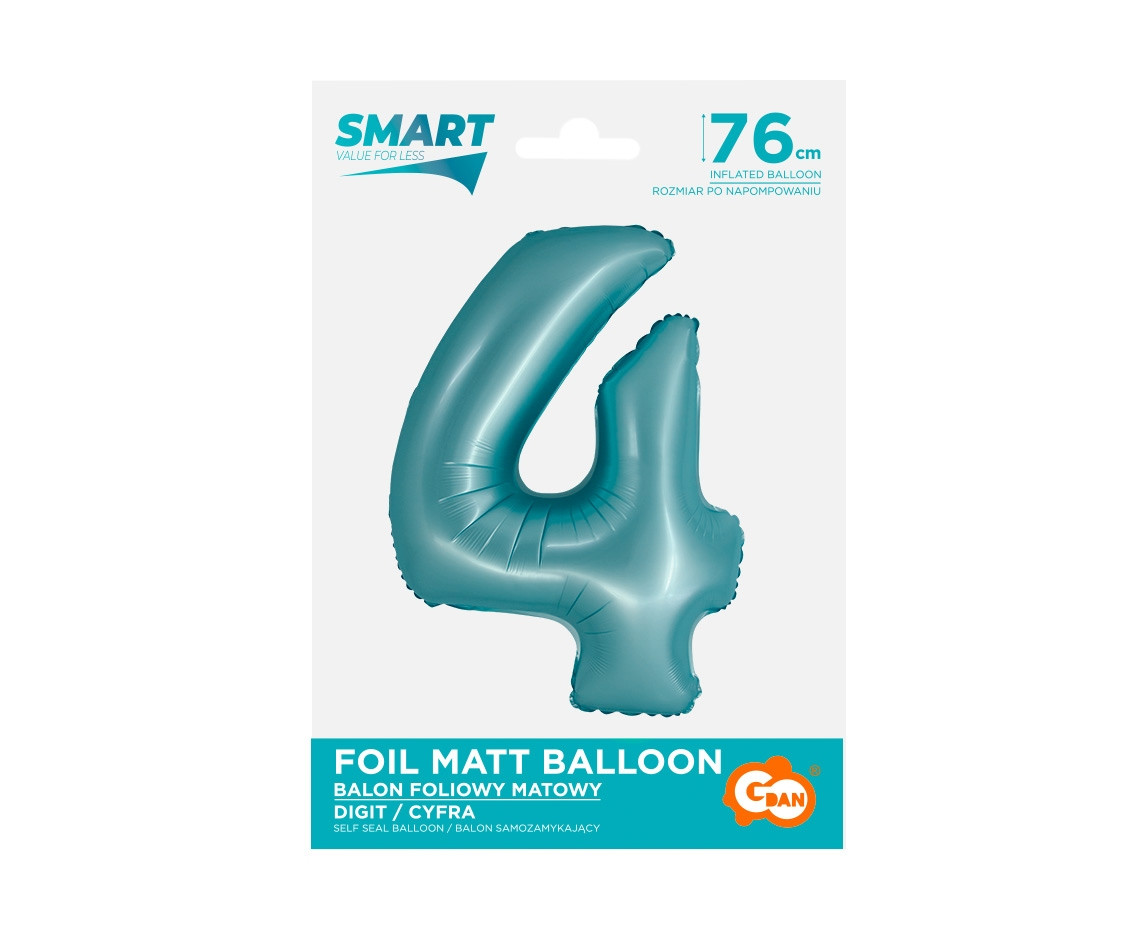 Foil balloon Smart, digit 4, mat light blue, 76 cm EOL
