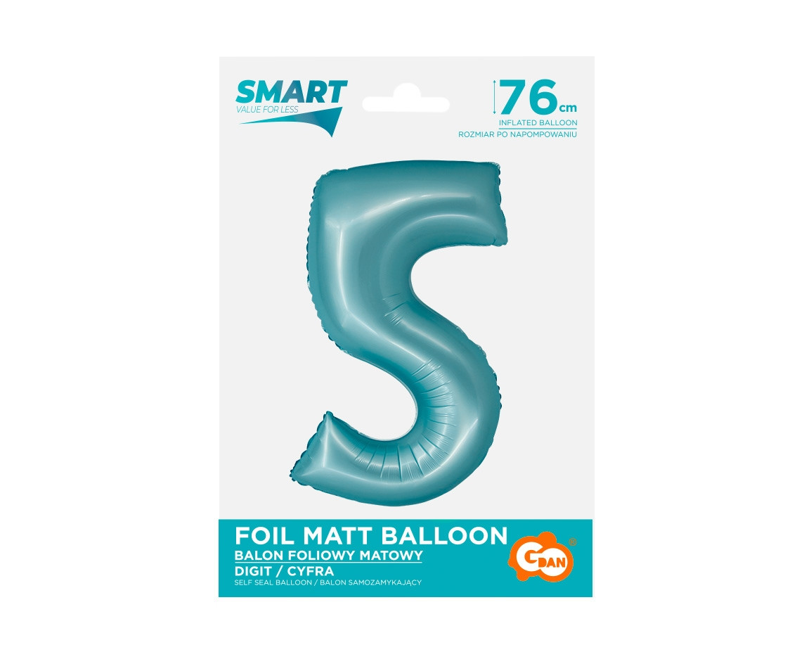 Foil balloon Smart, digit 5, mat light blue, 76 cm EOL