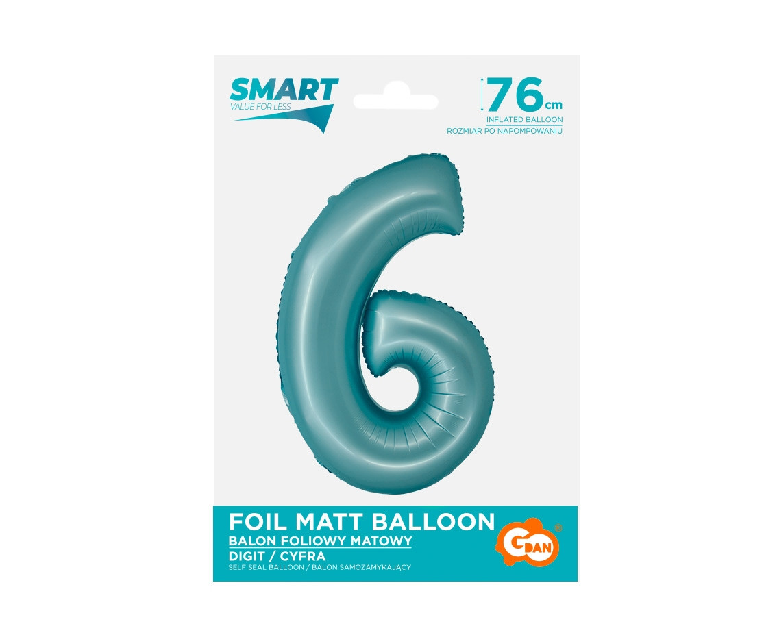 Foil balloon Smart, digit 6, mat light blue, 76 cm EOL