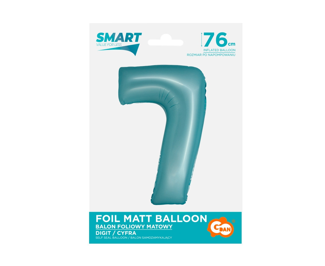 Foil balloon Smart, digit 7, mat light blue, 76 cm EOL