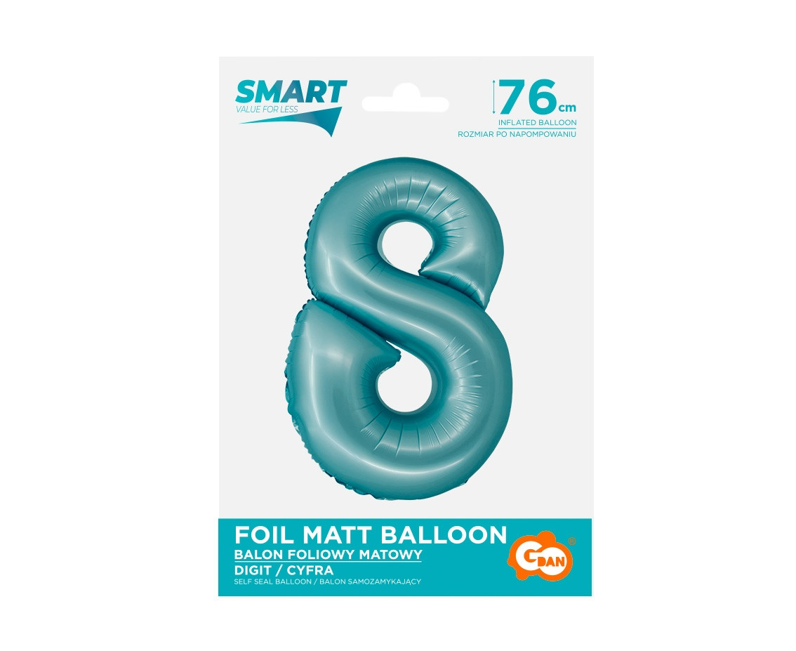 Foil balloon Smart, digit 8, mat light blue, 76 cm EOL