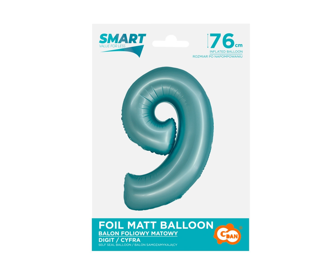Foil balloon Smart, digit 9, mat light blue, 76 cm EOL