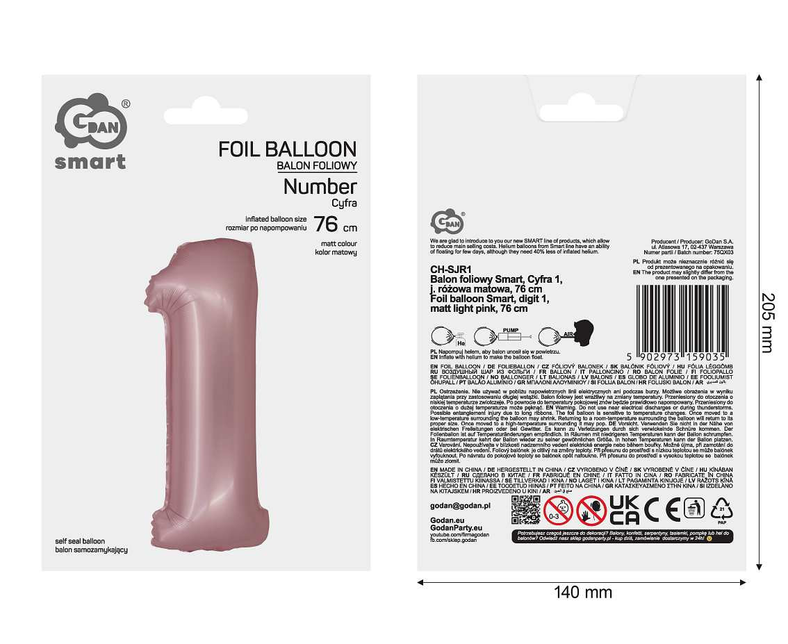 Foil balloon Smart, digit 1, mat light pink, 76 cm