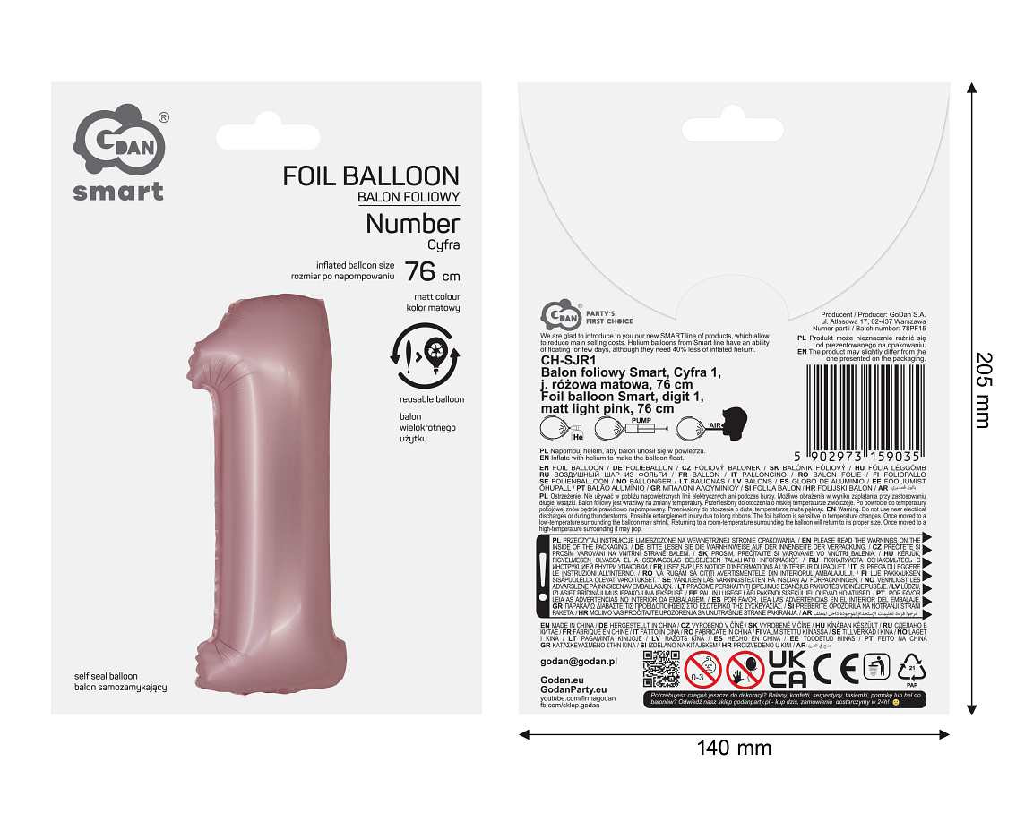 Foil balloon Smart, digit 1, mat light pink, 76 cm