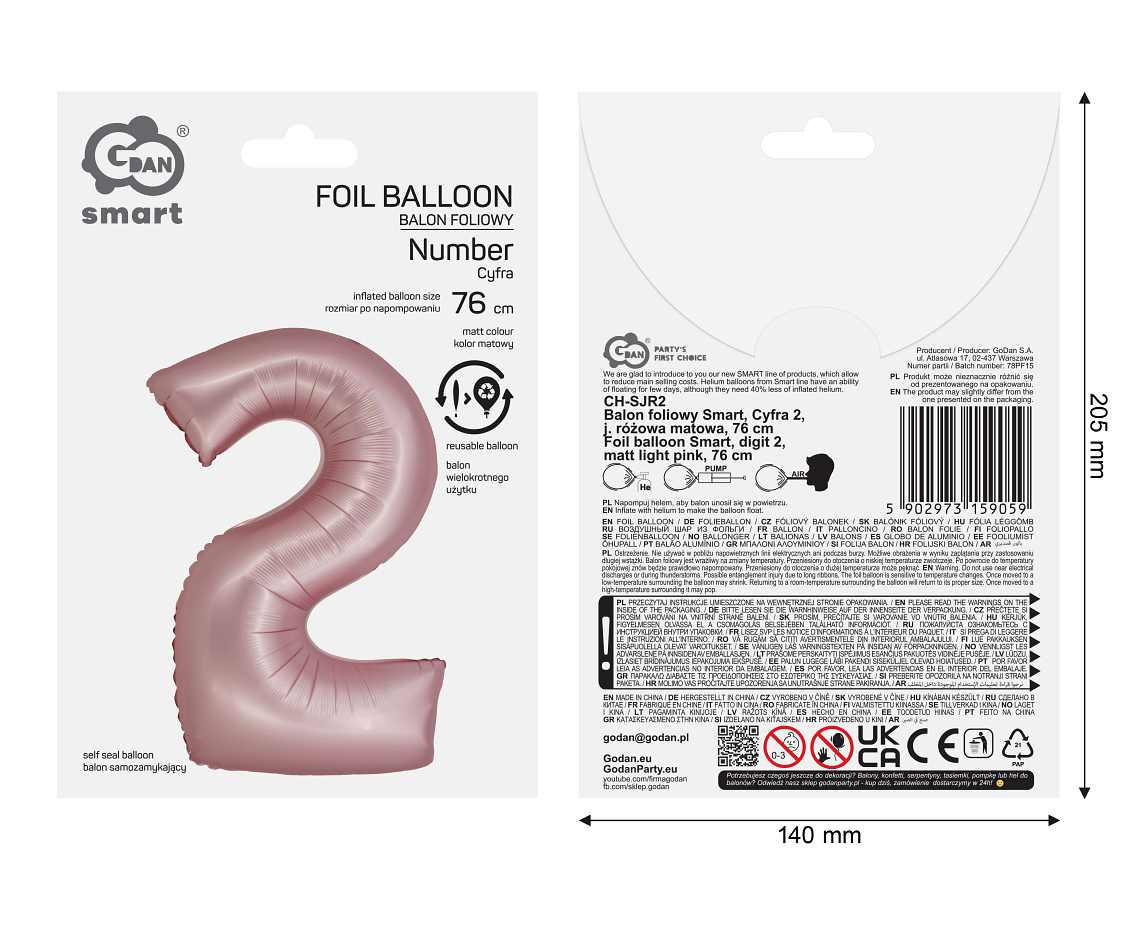 Foil balloon Smart, digit 2, mat light pink, 76 cm