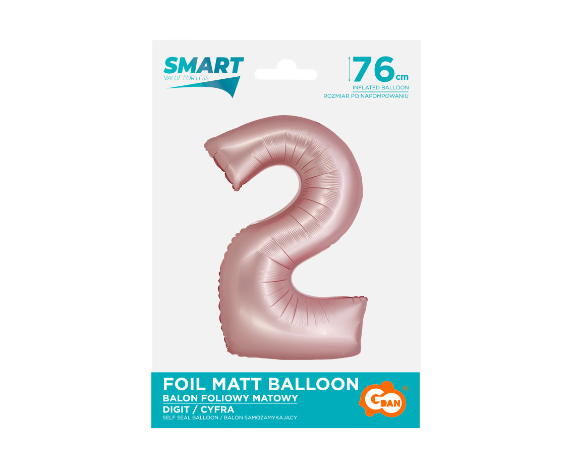 Foil balloon Smart, digit 2, mat light pink, 76 cm