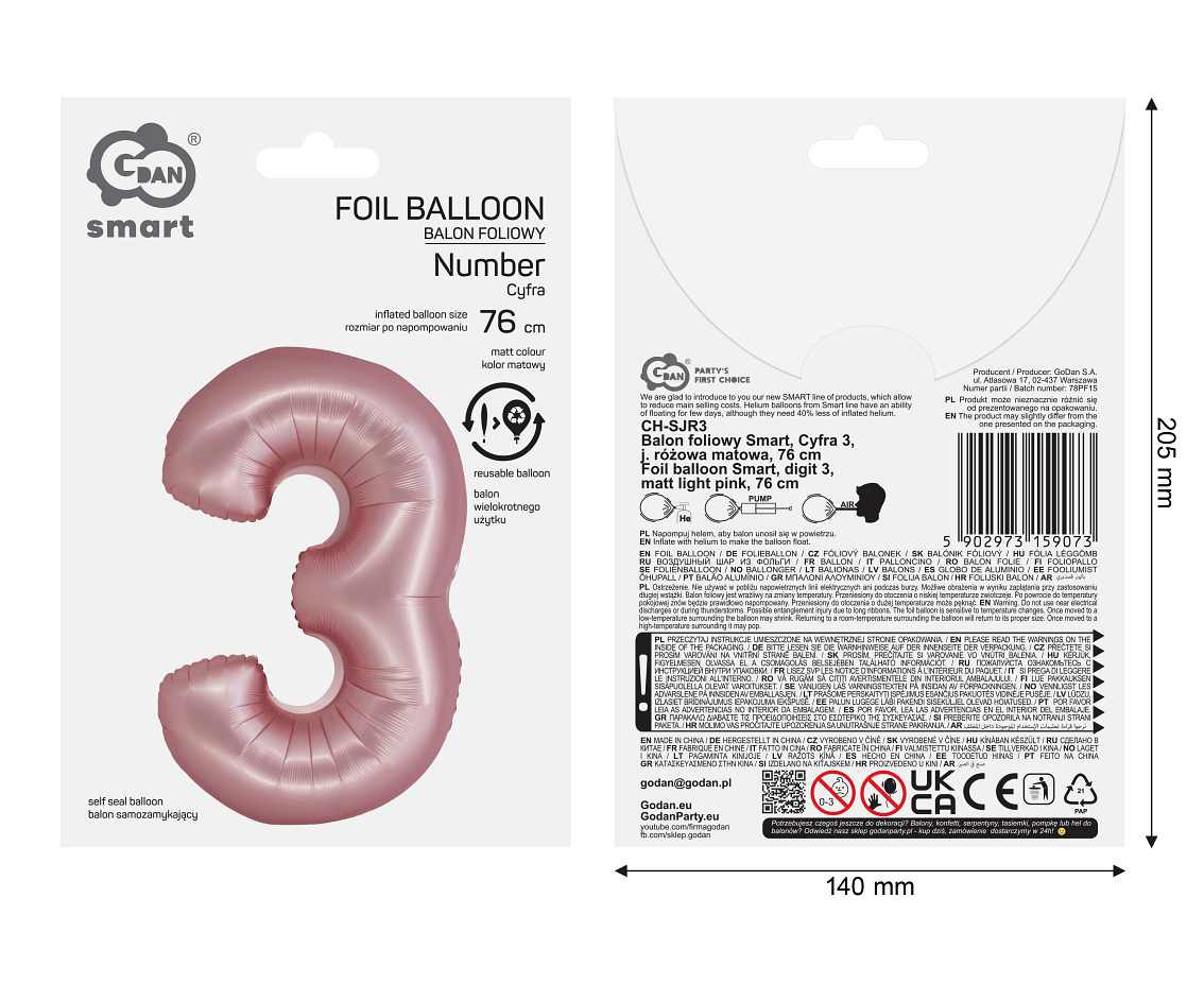 Foil balloon Smart, digit 3, mat light pink, 76 cm