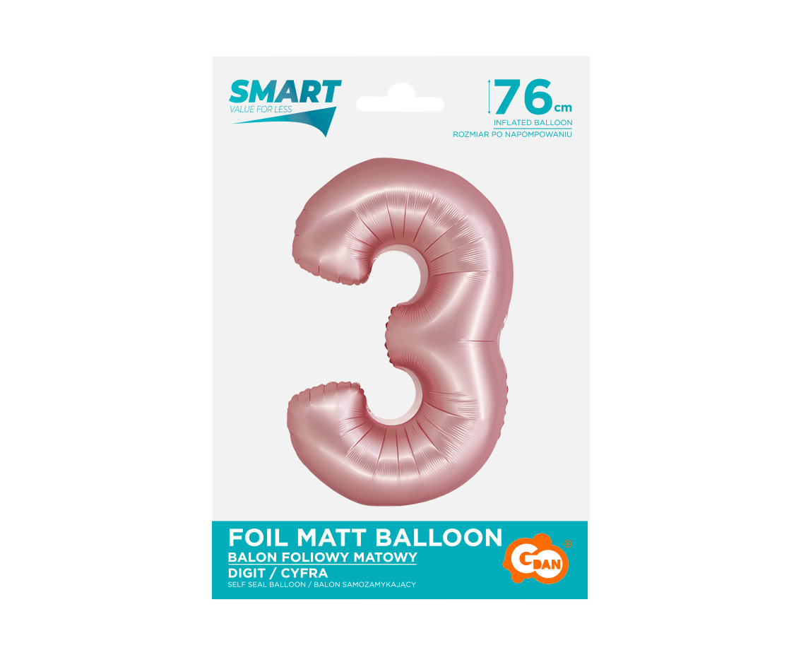 Foil balloon Smart, digit 3, mat light pink, 76 cm