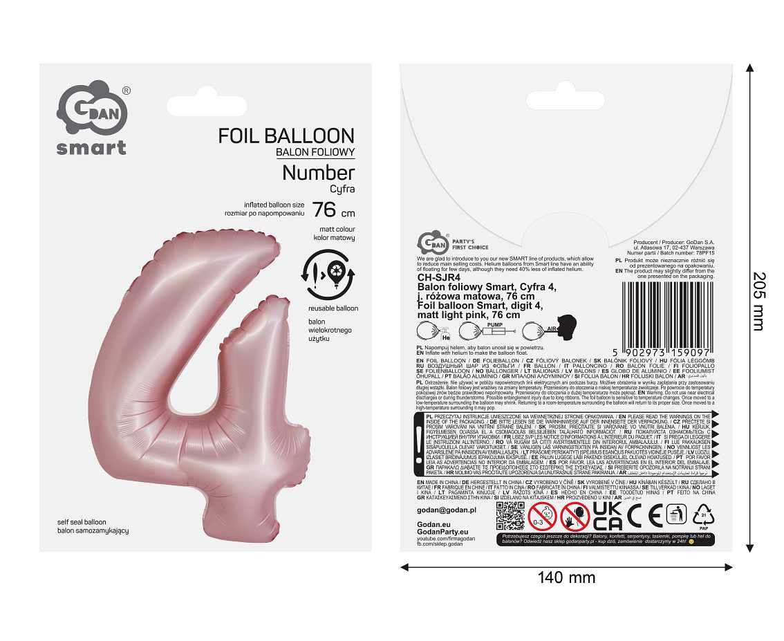 Foil balloon Smart, digit 4, mat light pink, 76 cm