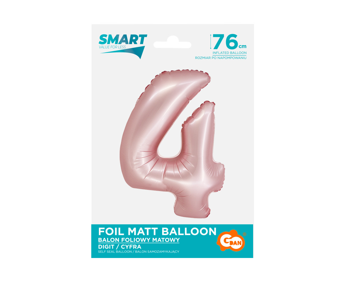 Foil balloon Smart, digit 4, mat light pink, 76 cm