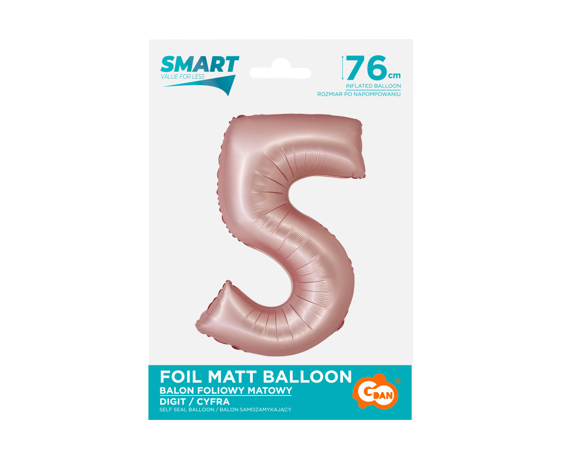 Foil balloon Smart, digit 5, mat light pink, 76 cm