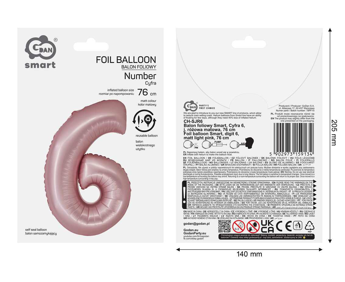 Foil balloon Smart, digit 6, mat light pink, 76 cm
