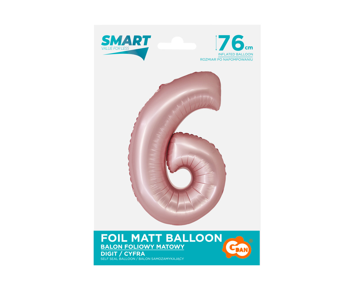 Foil balloon Smart, digit 6, mat light pink, 76 cm