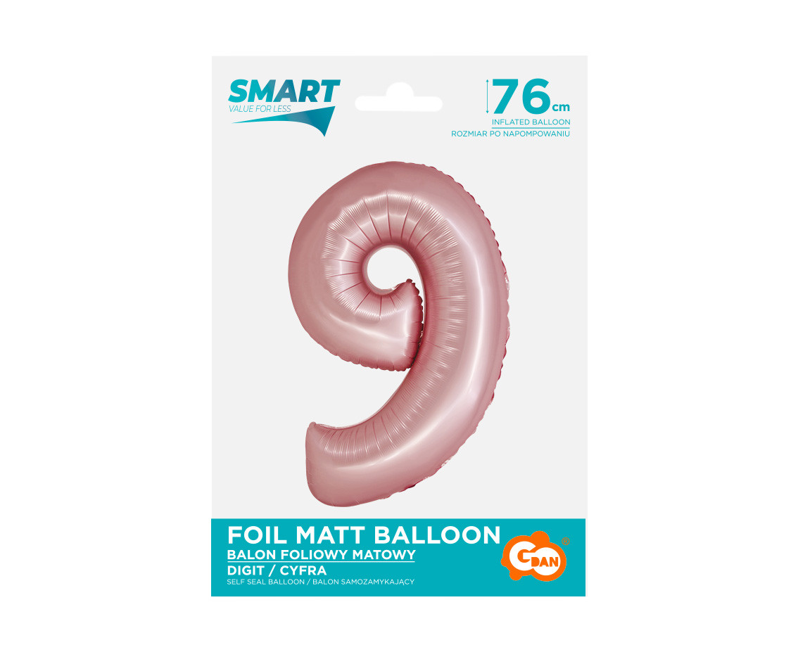 Foil balloon Smart, digit 9, mat light pink, 76 cm