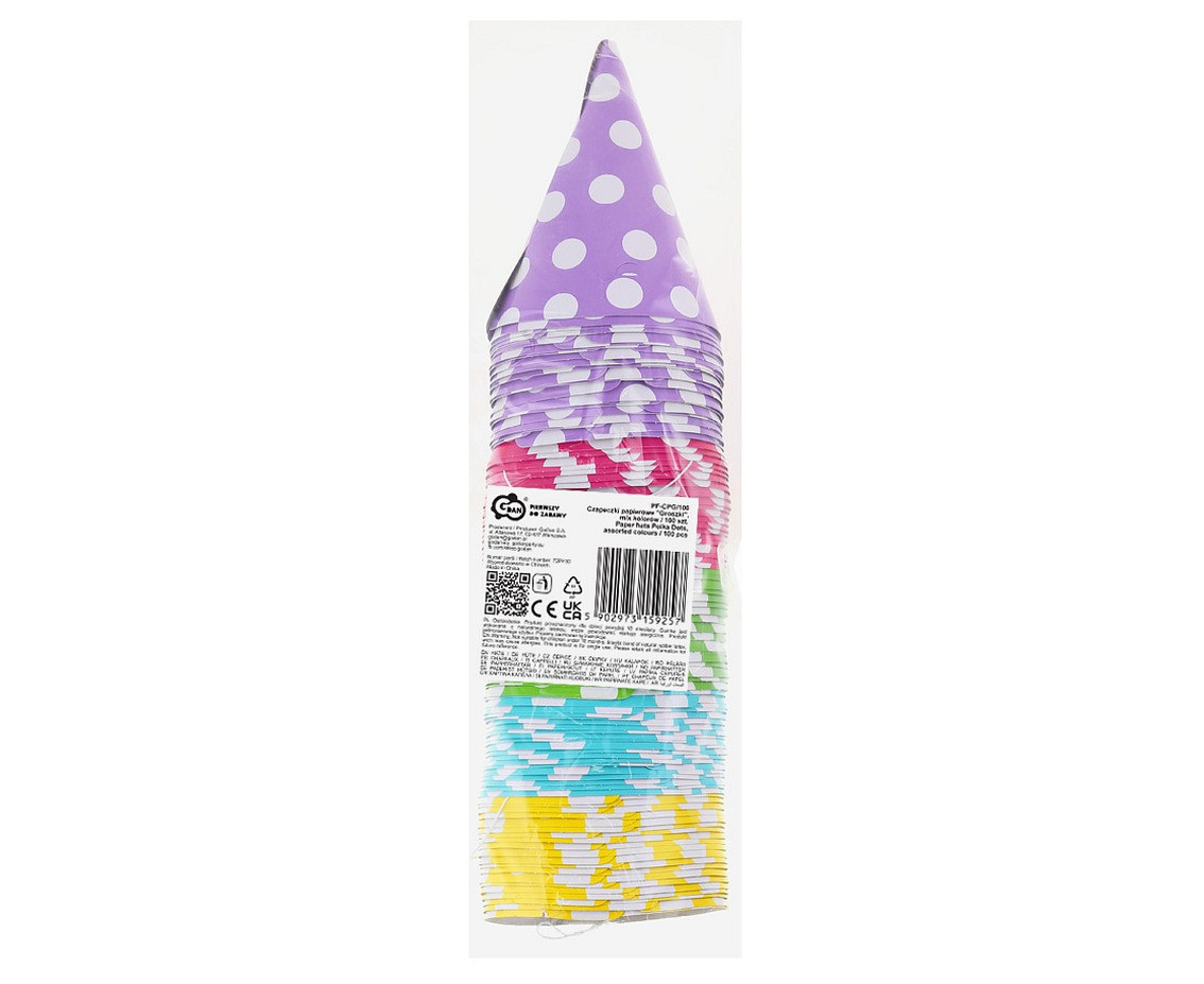 Paper hats Polka Dots, assorted colours / 100 pcs