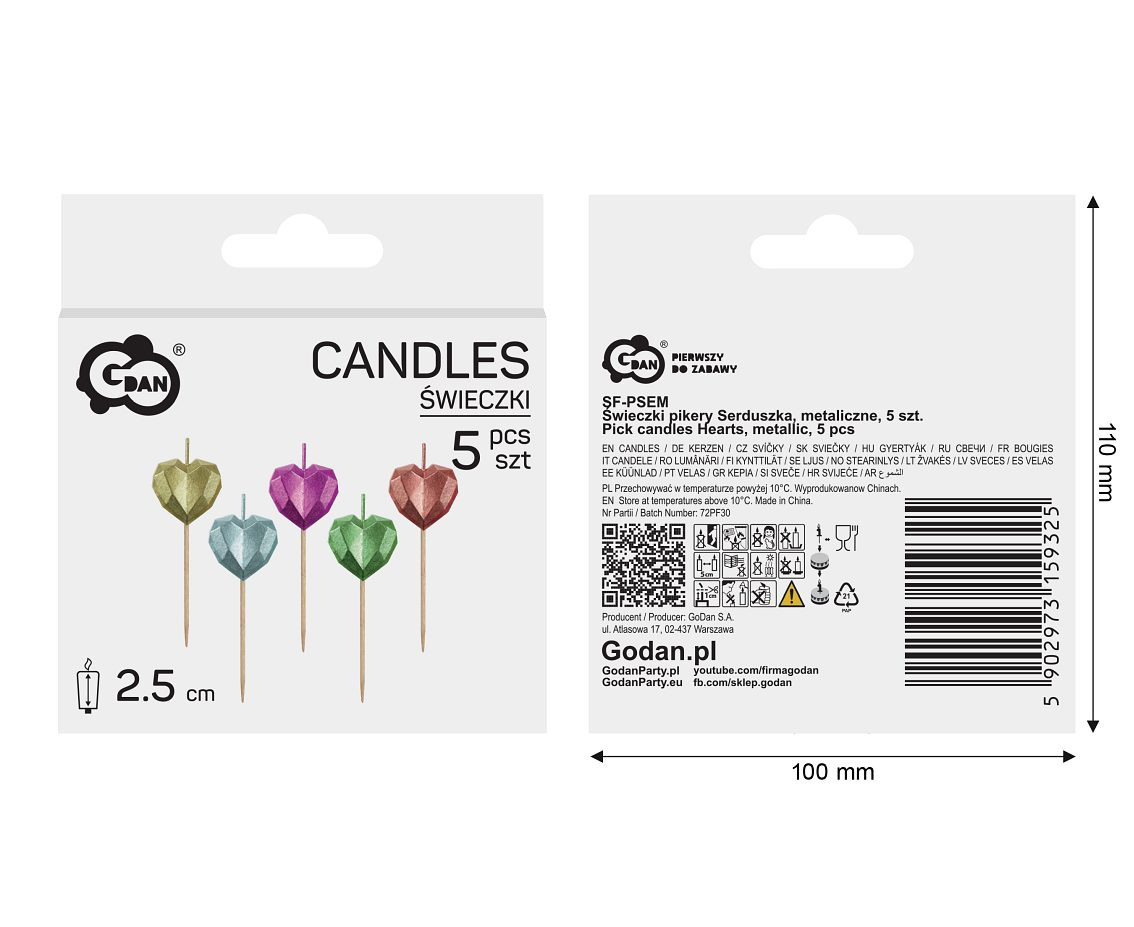 Pick candles Hearts, metallic, 5 pcs EOL