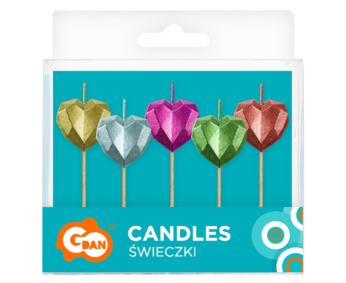 Pick candles Hearts, metallic, 5 pcs EOL