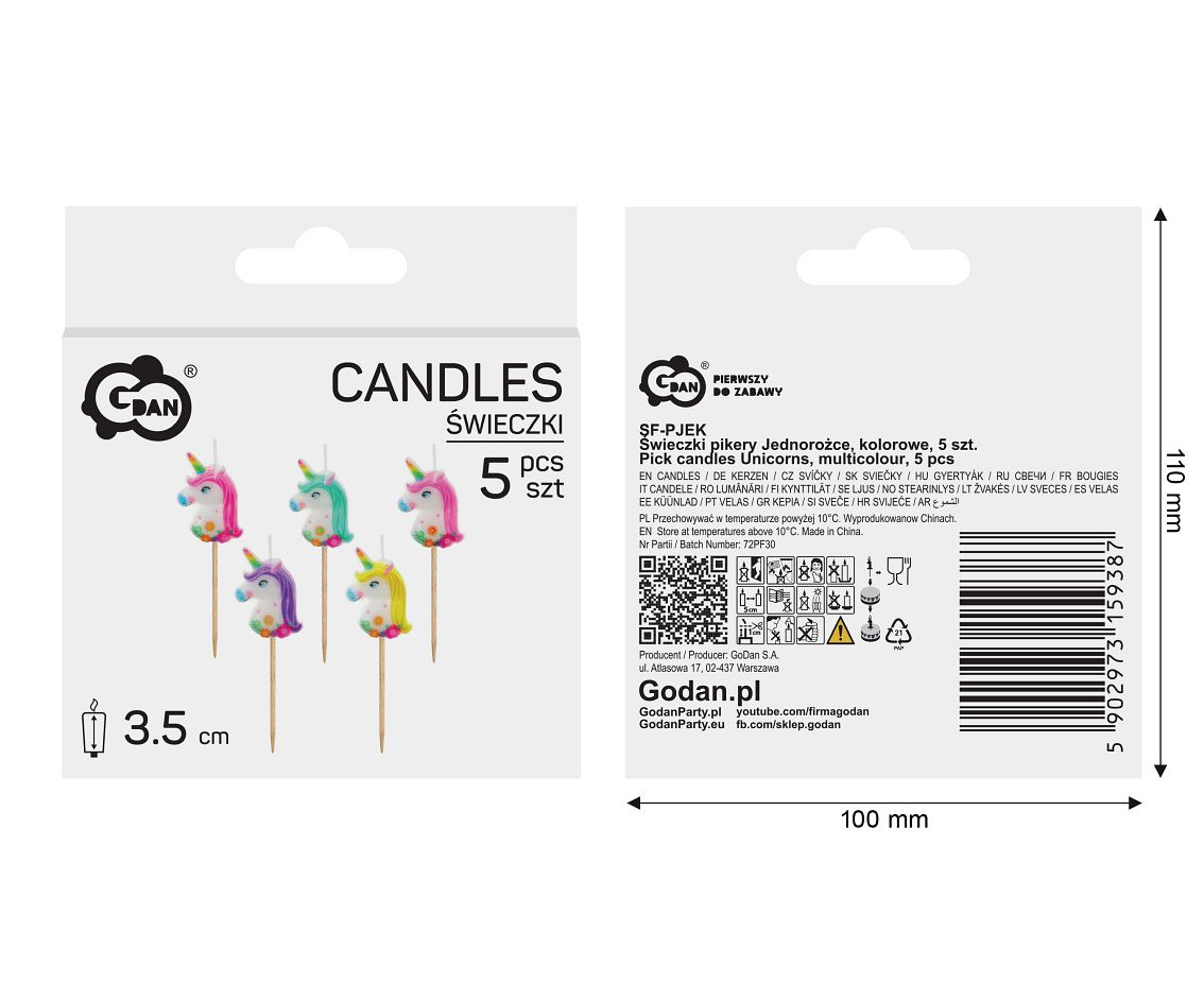 Pick candles Unicorns, multicolour, total length 7 cm, 5 pcs