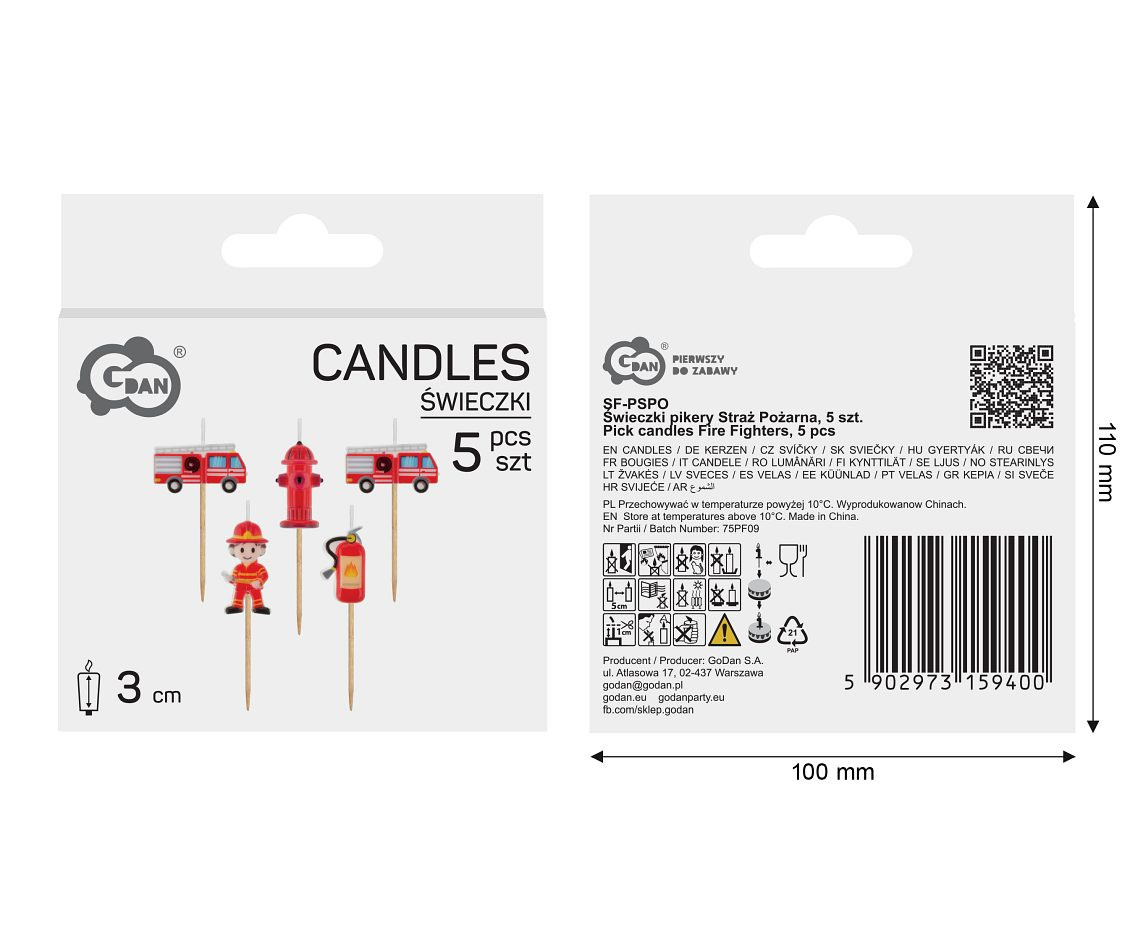 Pick candles Fire Fighters, total length 7,5 cm, 5 pcs