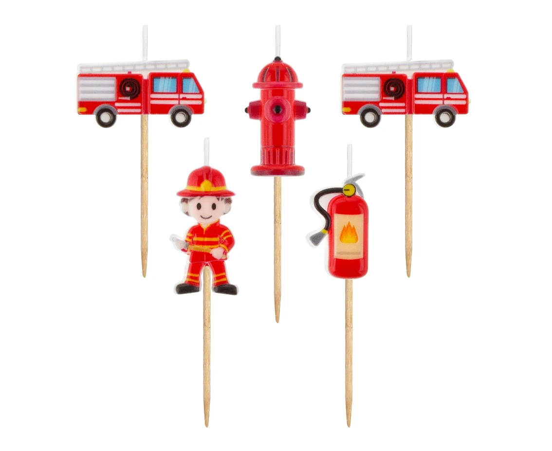 Pick candles Fire Fighters, total length 7,5 cm, 5 pcs