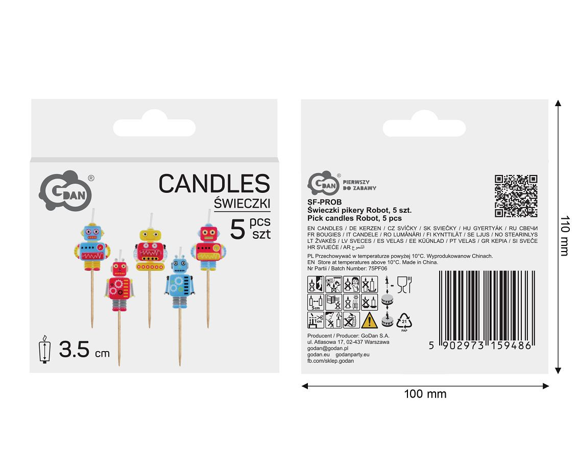 Pick candles Robot, total length 7,5 cm, 5 pcs