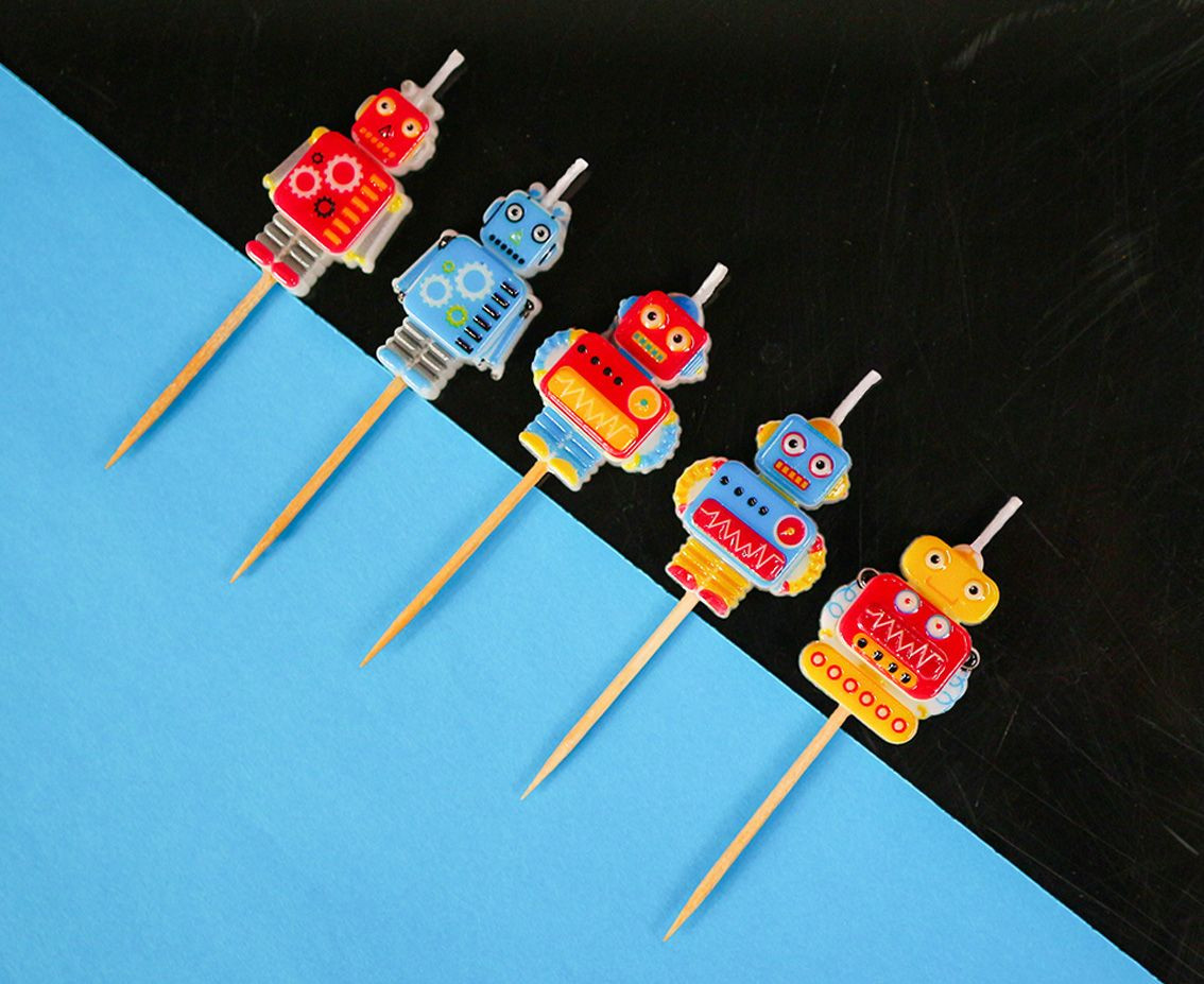 Pick candles Robot, total length 7,5 cm, 5 pcs